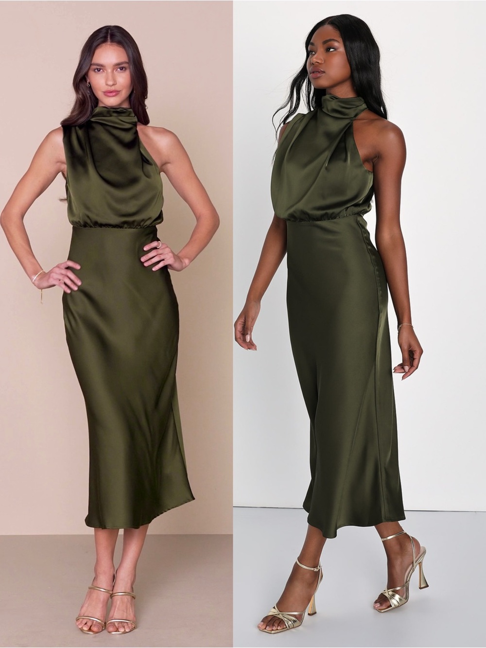 LULUS Olive Satin Asymmetric Halter Mockneck Clean Girl Wedding Guest Dress M